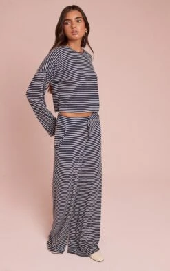 Prettylittlething Navy Ribbed Striped Drawstring Wide Leg Pant