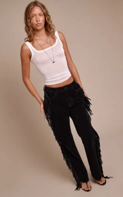 Prettylittlething Black Faux Suede Fringe Straight Leg Pants