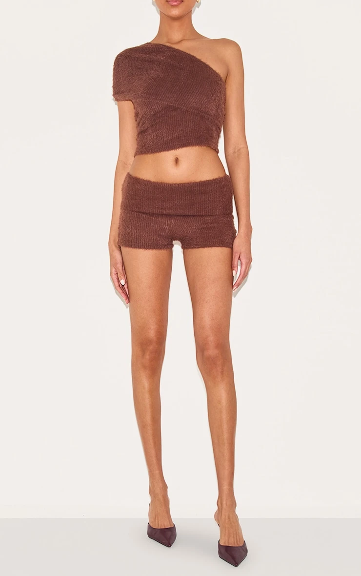 Prettylittlething Chocolate Fluffy Textured Fold Over Hot Pants 2 Prettylittlething Chocolate Fluffy Textured Fold Over Hot Pants - Image 2