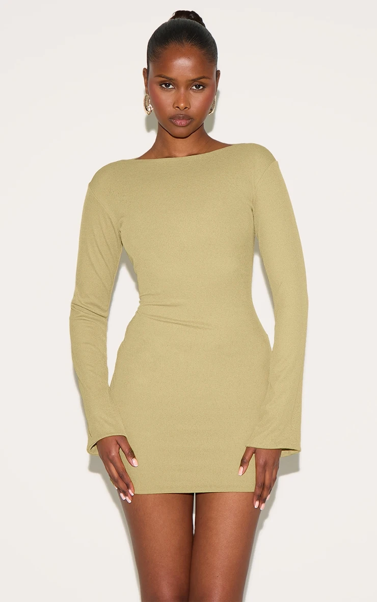 Prettylittlething Olive Onion Skin Boat Neck Flute Sleeve Mini Dress