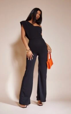 Prettylittlething Black One Shoulder Drape Detailed Jumpsuit