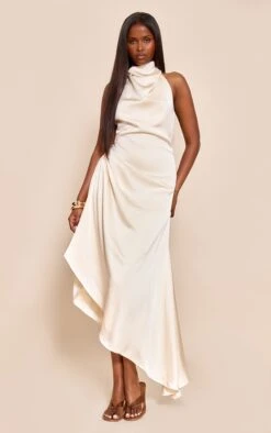 Cream Satin Cowl Neck Asymmetric Shift Dress