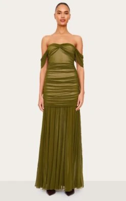 Prettylittlething Olive Mesh Bardot Ruched Detail Maxi Dress -Pretty Little Thing Shop 13f9e3dc89cdda1511b1430cbb7d2f694137e0dc CNL7974 3 olive mesh bardot ruched detail maxi dress