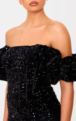 Black Velvet Sequin Puff Sleeve Romper -Pretty Little Thing Shop 149917057a015ae29d84985c6ca8fb9c02e860bb cnk6974 4