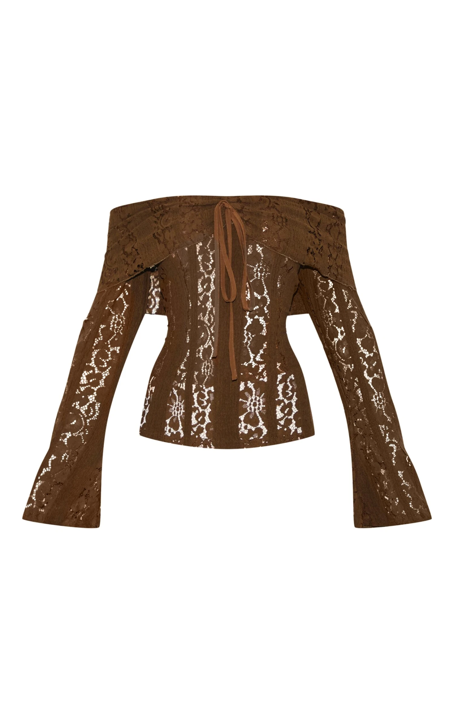 Prettylittlething Chocolate Fitted Lace Flared Sleeve Bardot Top 5 Prettylittlething Chocolate Fitted Lace Flared Sleeve Bardot Top - Image 5