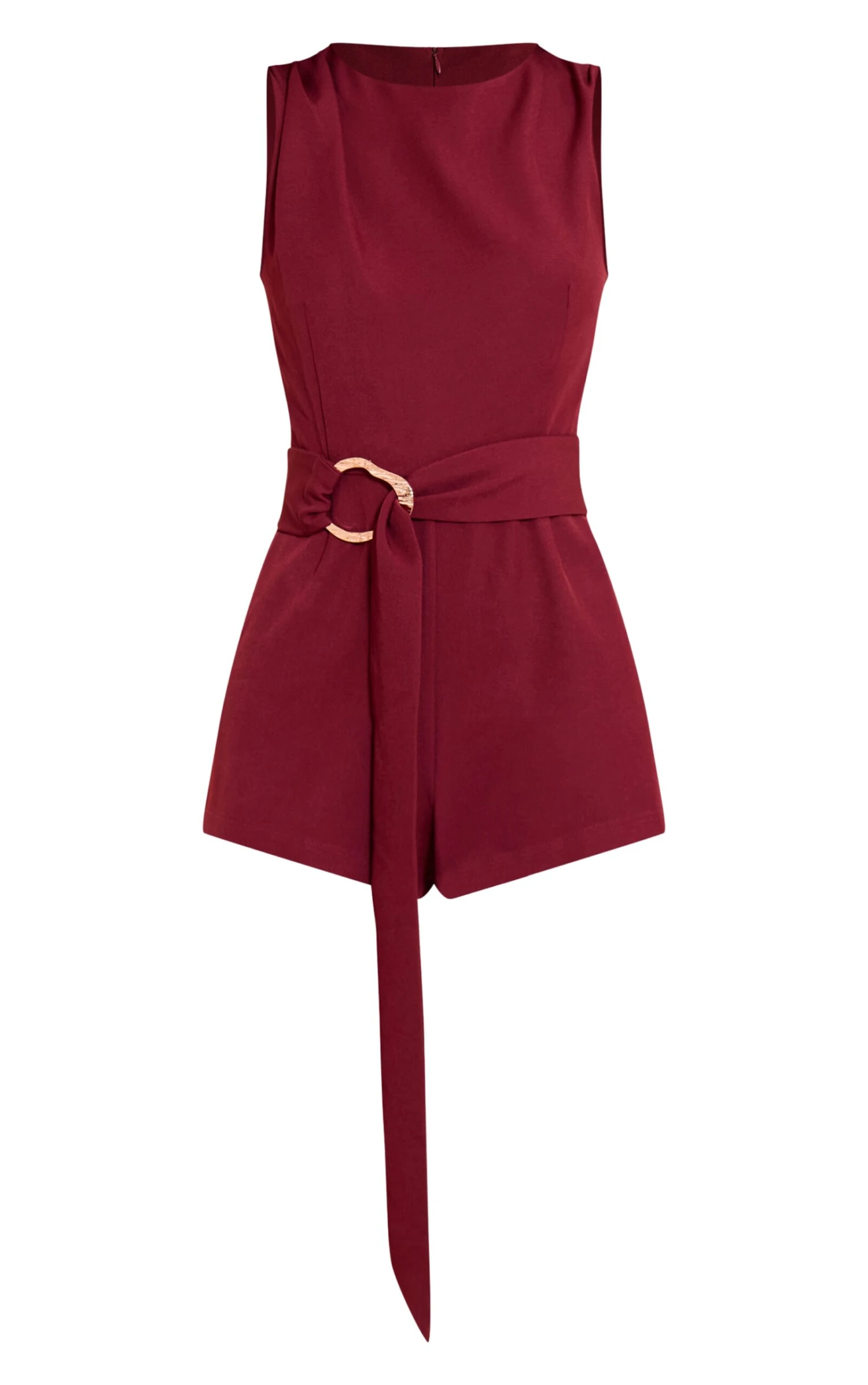 Burgundy Woven Crew Neck Belt Romper 5 Burgundy Woven Crew Neck Belt Romper - Image 5