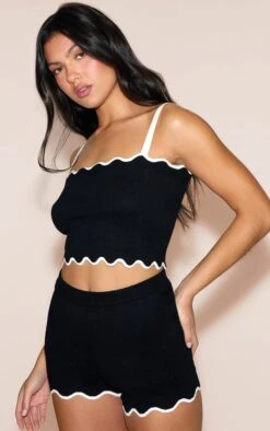 Prettylittlething Black Contrast Soft Knit Scallop Hem Mini Short
