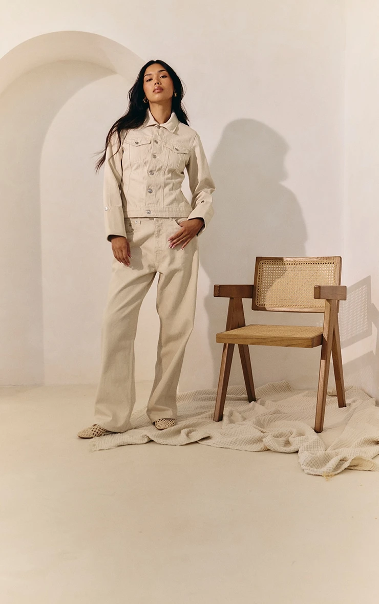 Prettylittlething Ecru Turn Up Cuff Cinched Back Denim Jacket - Image 3