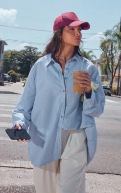 Prettylittlething Blue Striped Oversized Cotton Shirt