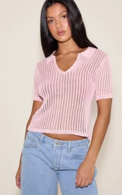 Pink V Neck Knit Polo Top