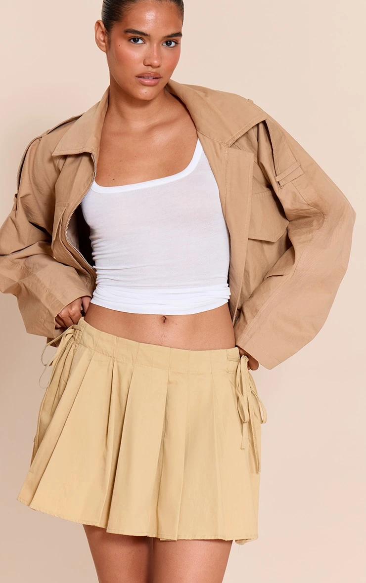 Prettylittlething Camel Cotton Ruched Side Pleated Mini Skirt 1 Prettylittlething Camel Cotton Ruched Side Pleated Mini Skirt