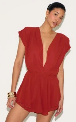 Prettylittlething Rust Chiffon Extreme Plunge Neck Floaty Romper