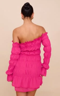 Prettylittlething Fuchsia Chiffon Bardot Long Sleeve Ruched Bodycon Dress -Pretty Little Thing Shop 160474640dd5e44597fbb8c515c8ecf25b954755 CNM7488 2 fuchsia chiffon bardot long sleeve ruched bodycon dress