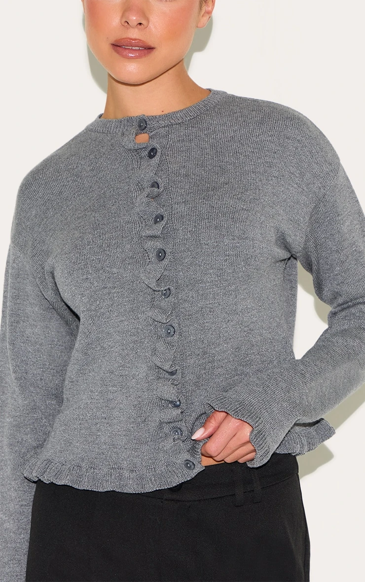 Prettylittlething Grey Knit Ruffle Detail Cardigan 4 Prettylittlething Grey Knit Ruffle Detail Cardigan - Image 4