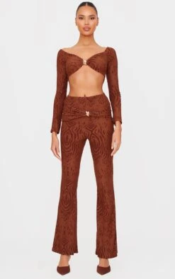 Prettylittlething Chocolate Devore Long Sleeve Trim Cut Out Detail Jumpsuit