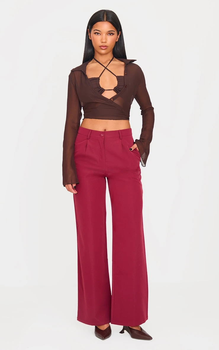 Prettylittlething Burgundy Peach Skin Straight Leg Pants 2 Prettylittlething Burgundy Peach Skin Straight Leg Pants - Image 2