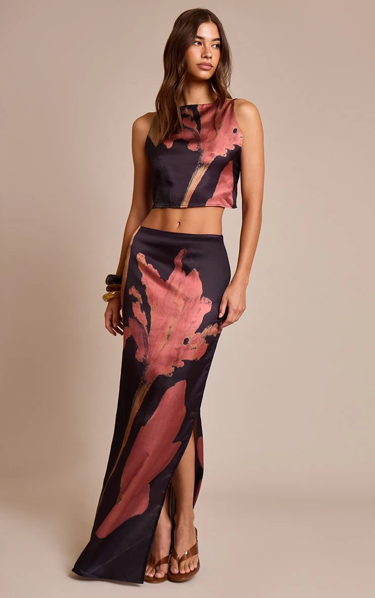 Prettylittlething Black Floral Printed Satin Maxi Skirt 1 Prettylittlething Black Floral Printed Satin Maxi Skirt