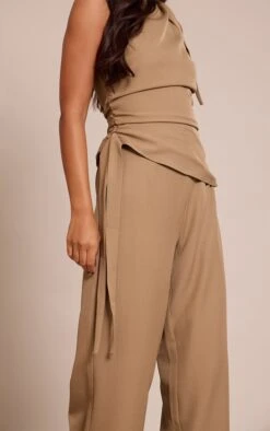 Khaki Woven High Neck Ruched Wide Leg Jumpsuit -Pretty Little Thing Shop 17ccd69b167f63f8354ecc62ca6393ad76690c45 CNO0485 4 khaki woven high neck ruched wide leg jumpsuit