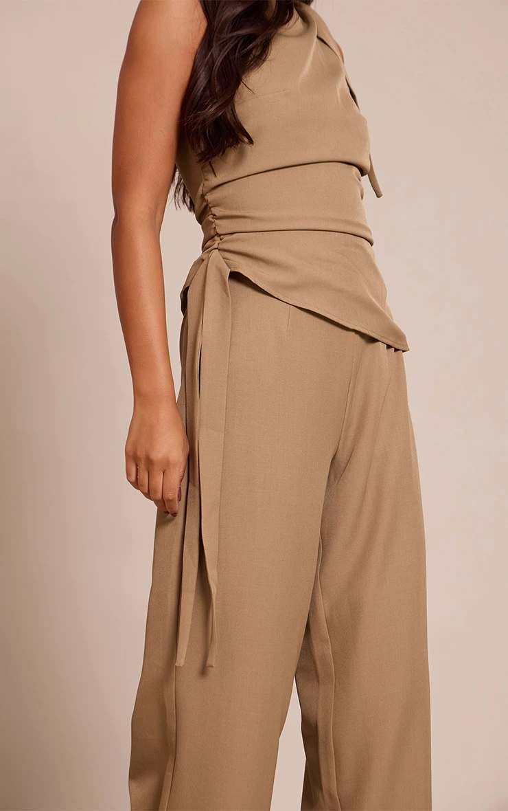 Khaki Woven High Neck Ruched Wide Leg Jumpsuit - Image 4