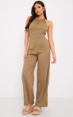 Taupe Textured Halterneck Low Back Jumpsuit