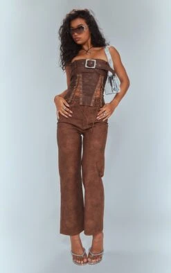 Prettylittlething Brown Washed Faux Leather Cropped Straight Leg Pants