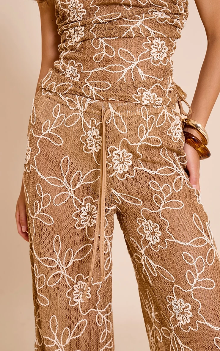 Prettylittlething Tan Floral Crochet Drawstring Pant 4 Prettylittlething Tan Floral Crochet Drawstring Pant - Image 4