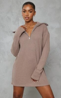 Prettylittlething Mocha Rib High Neck Half Zip Oversized Sweater Dress