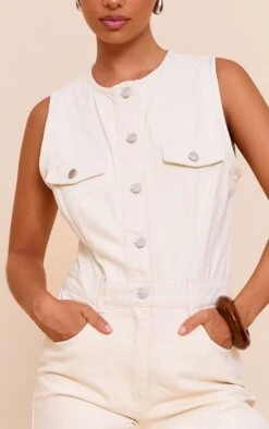 Prettylittlething Ecru Sleeveless Shirt Style Denim Jumpsuit -Pretty Little Thing Shop 1982858ebe4ea0c044a49ed164b1c7db4bf36beb CNN2913 4 ecru sleeveless shirt style denim jumpsuit