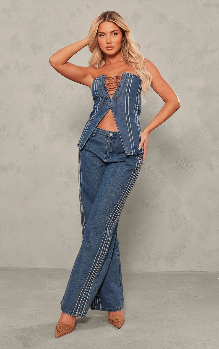 Indigo Raw Stripe Detail Lace Up Corset Top 3 Indigo Raw Stripe Detail Lace Up Corset Top - Image 3