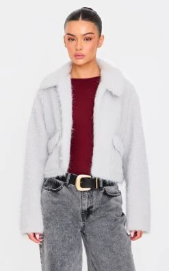 Prettylittlething Grey Wool Look Pocket Detail Zip Up Jacket