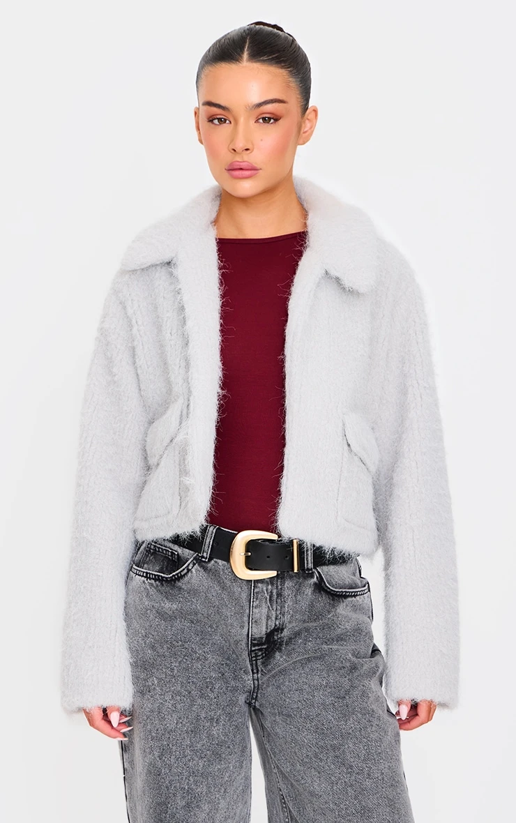 Prettylittlething Grey Wool Look Pocket Detail Zip Up Jacket 1 Prettylittlething Grey Wool Look Pocket Detail Zip Up Jacket