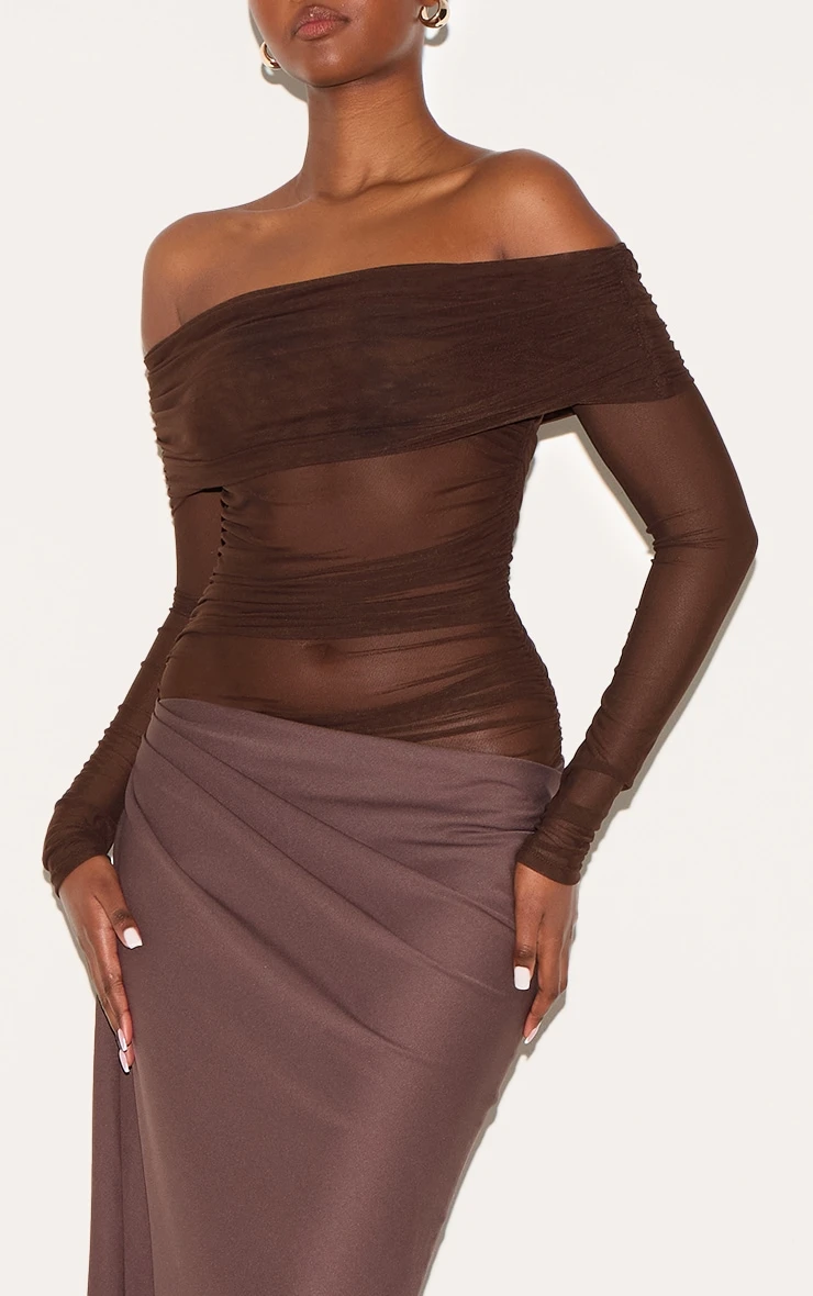 Prettylittlething Chocolate Satin Mesh Detail Bardot Maxi Dress 4 Prettylittlething Chocolate Satin Mesh Detail Bardot Maxi Dress - Image 4