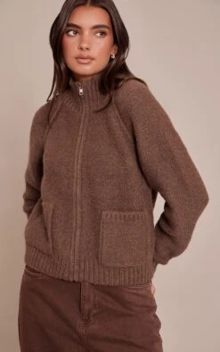 Chocolate Zip Up Pocket Detail Knitted Cardigan