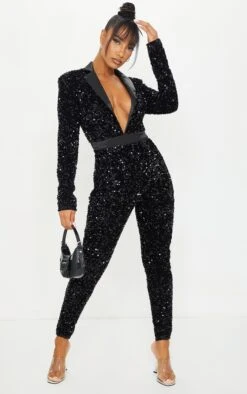 Prettylittlething Black Velvet Sequin Plunge Front Tailored Jumpsuit