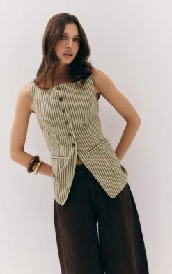 Prettylittlething Green Striped Linen Look Vest