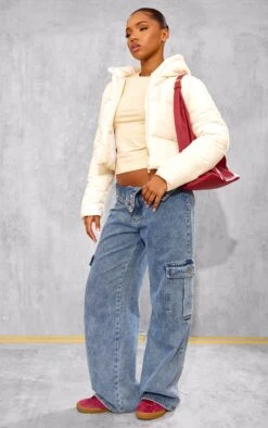 Prettylittlething Cream Basic Hooded Zip Up Cropped Puffer Jacket