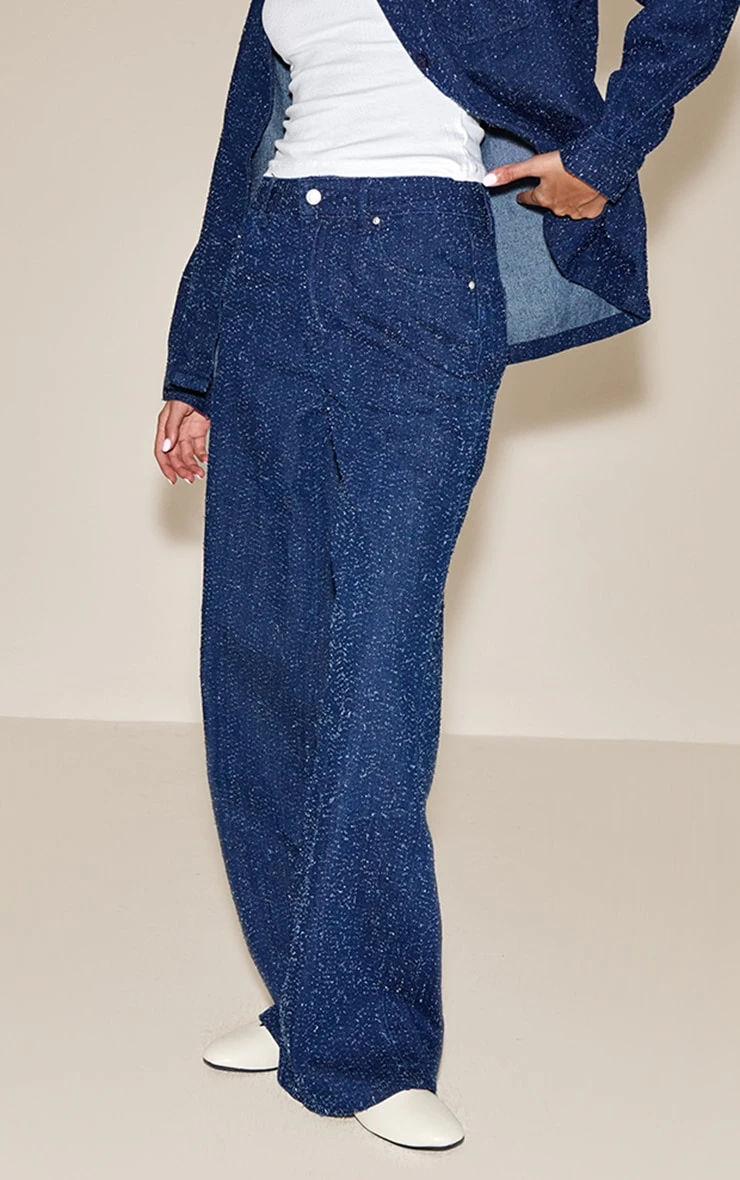 Prettylittlething Dark Blue Boucle Denim High Waist Denim Jeans - Image 2