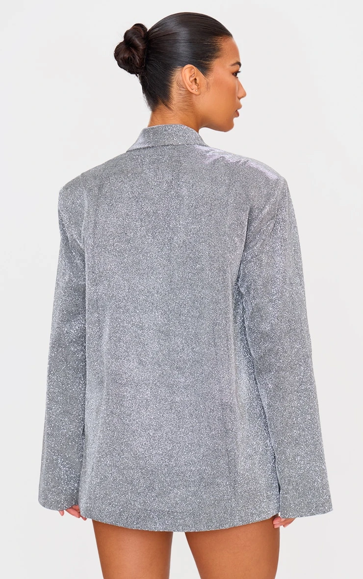 Prettylittlething Silver Glitter Oversized Curved Hem Boxy Blazer 2 Prettylittlething Silver Glitter Oversized Curved Hem Boxy Blazer - Image 2