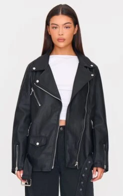 Prettylittlething Black Faux Leather Longline Belted Biker Jacket