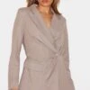 Prettylittlething Taupe Tailored Woven Cinched Waist Long Sleeve Romper
