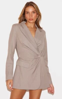 Prettylittlething Taupe Tailored Woven Cinched Waist Long Sleeve Romper