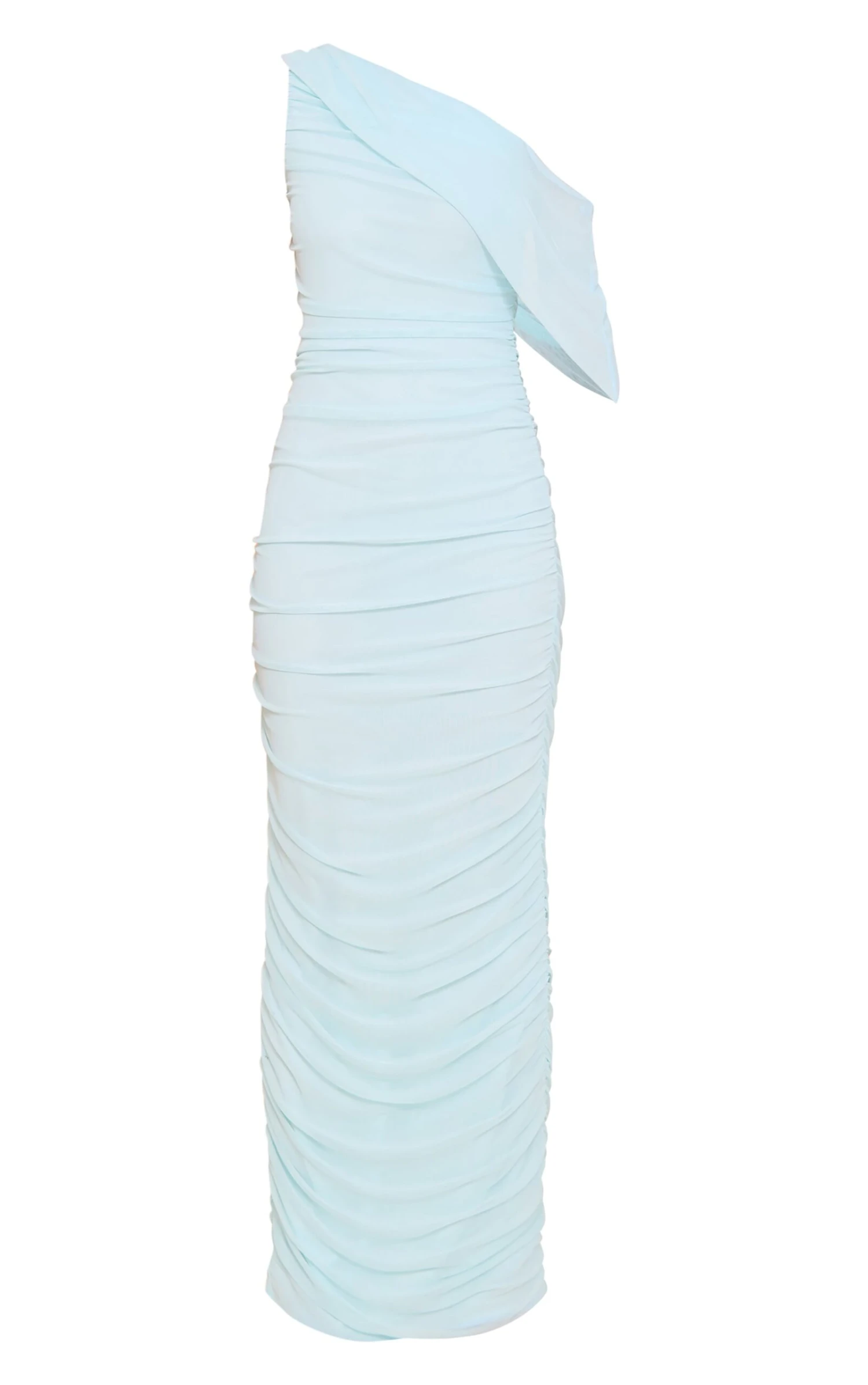 Prettylittlething Aqua Blue Mesh Overlay One Shoulder Ruched Maxi Dress - Image 5