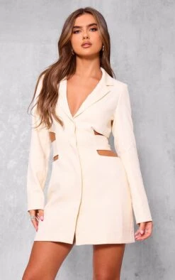 Prettylittlething Cream Woven Cut Out Tie Back Blazer Dress