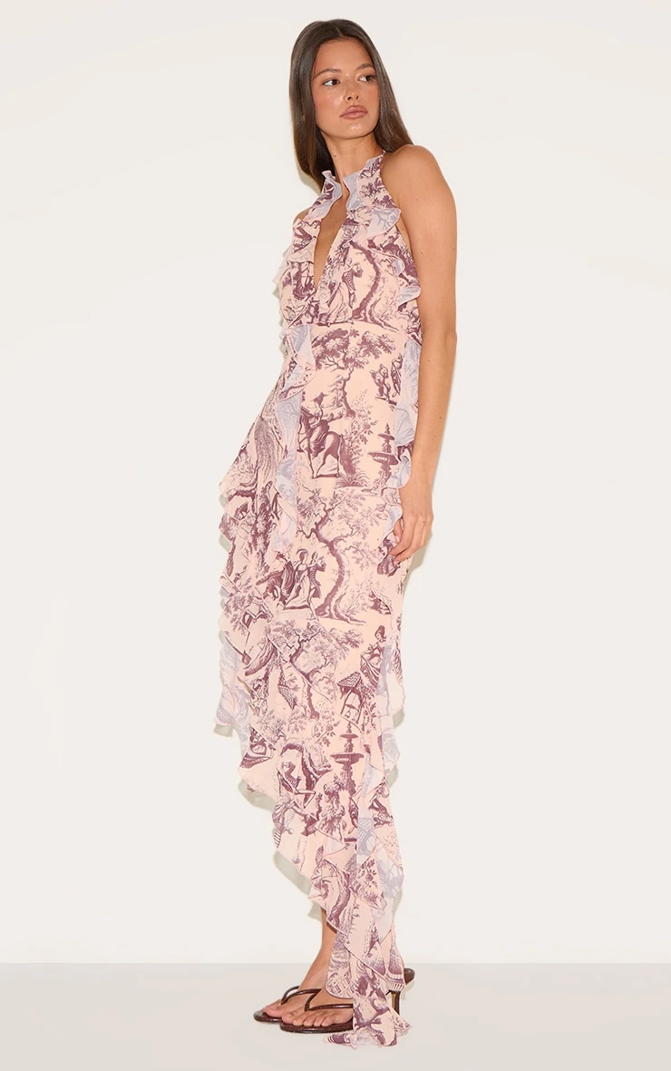 Prettylittlething Stone Chiffon Print Frill Detail Plunge Midaxi Dress - Image 3