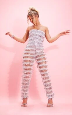 Prettylittlething Silver Tassel Sequin Corset Bandeau Jumpsuit