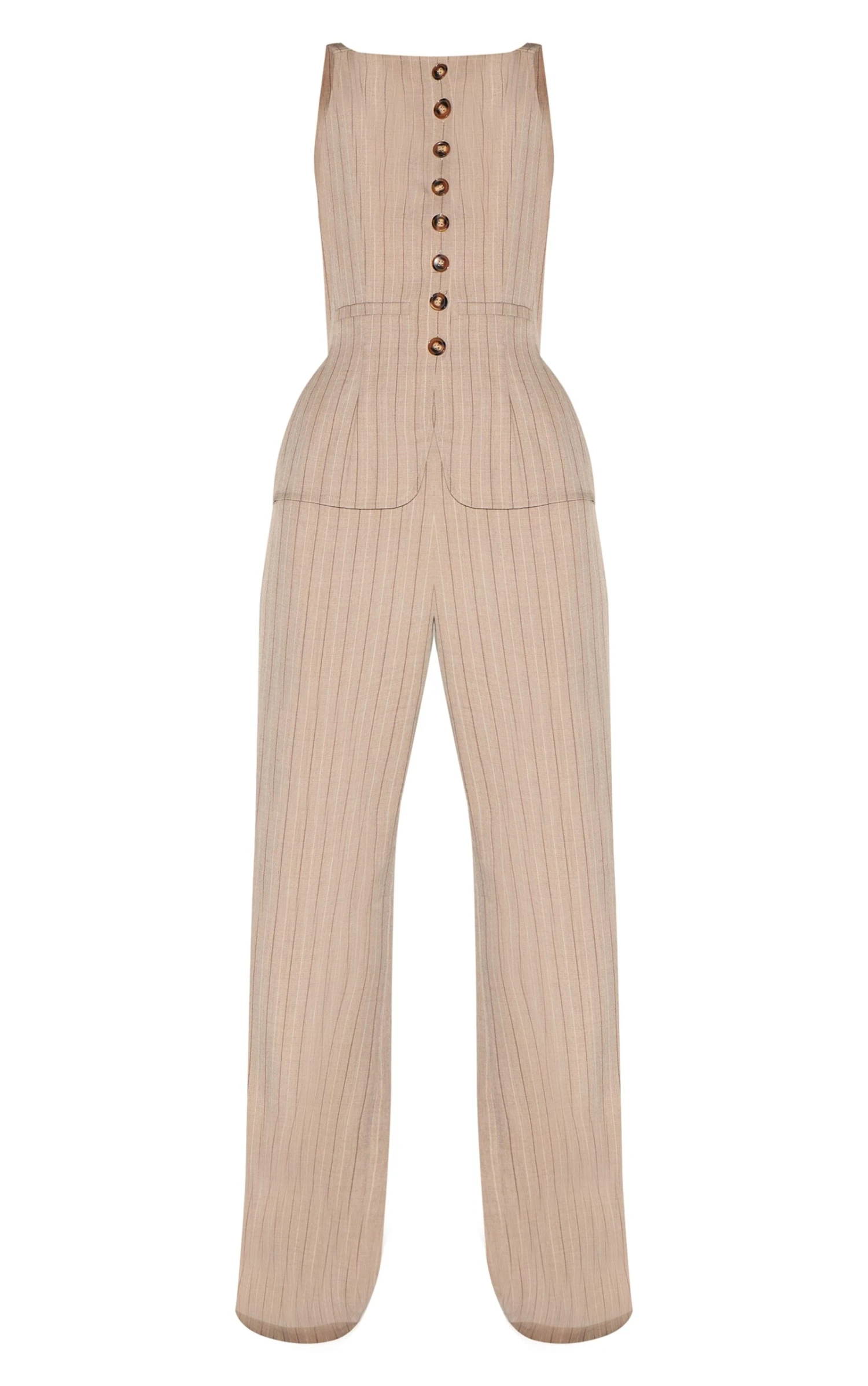 Prettylittlething Brown Pinstripe Linen Button Down Peplum Hem Jumpsuit 5 Prettylittlething Brown Pinstripe Linen Button Down Peplum Hem Jumpsuit - Image 5