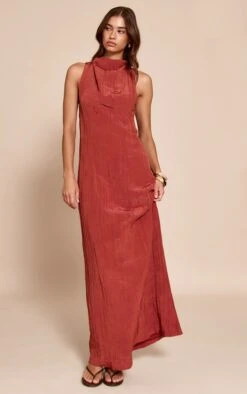 Prettylittlething Rust Textured Ruched Maxi Dress