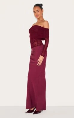 Prettylittlething Wine Satin Mesh Detail Bardot Maxi Dress -Pretty Little Thing Shop 1ca7cc92021758fb8edc273bbc353f56265d68dd CNM0583 3 wine satin mesh detail bardot maxi dress