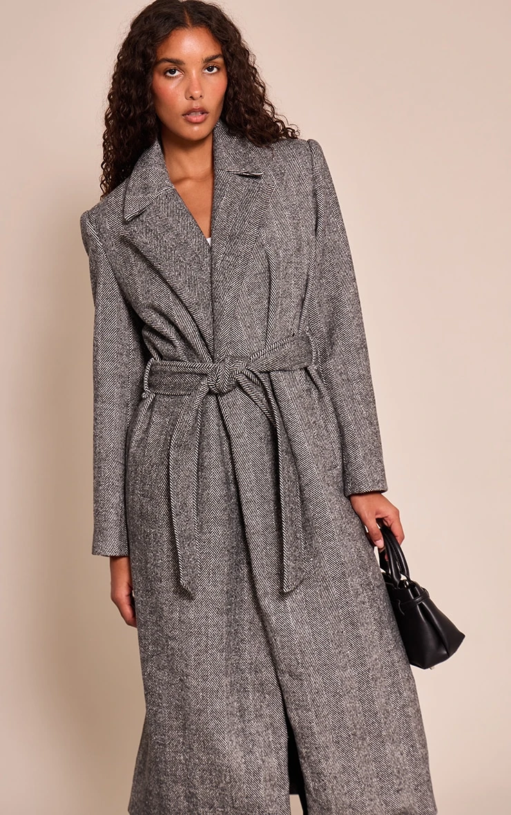 Prettylittlething Grey Herringbone Tie Waist Maxi Coat 4 Prettylittlething Grey Herringbone Tie Waist Maxi Coat - Image 4
