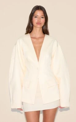 Prettylittlething Ecru Cocoon Sleeve Cinched Waist Pocket Blazer